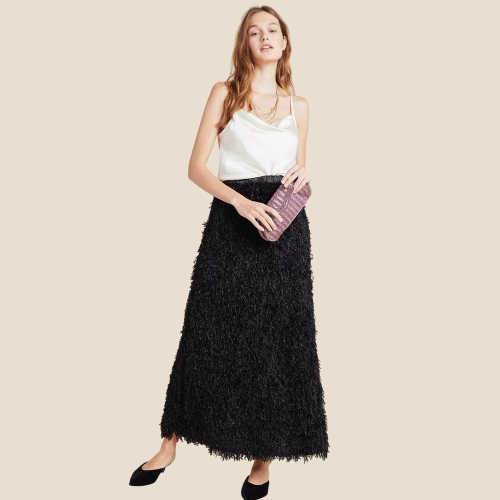Anthropologie Chantal Feathered Maxi Skirt Small Black Cocktail Romantic Goth